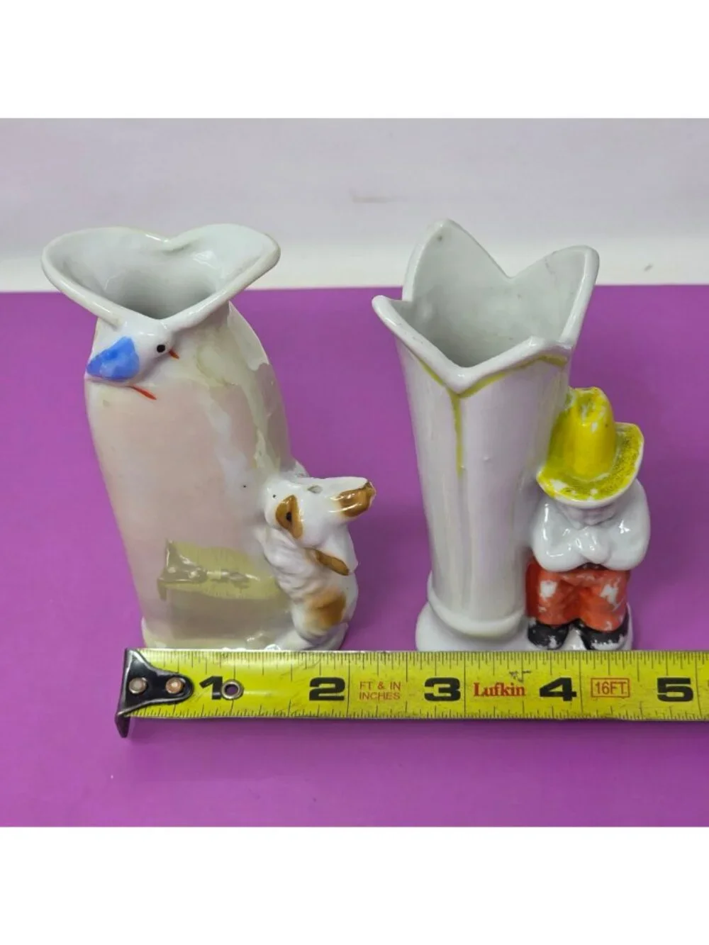 Vintage Hand-Painted Ceramic Bud‎ Vases With Boy & Dog Designs Tall Set Of 2